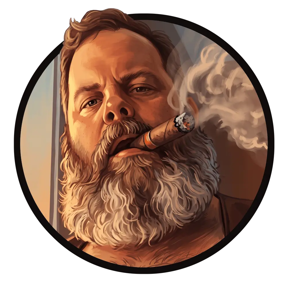 Illustrated ProfBear logo featuring the artist smoking a cigar